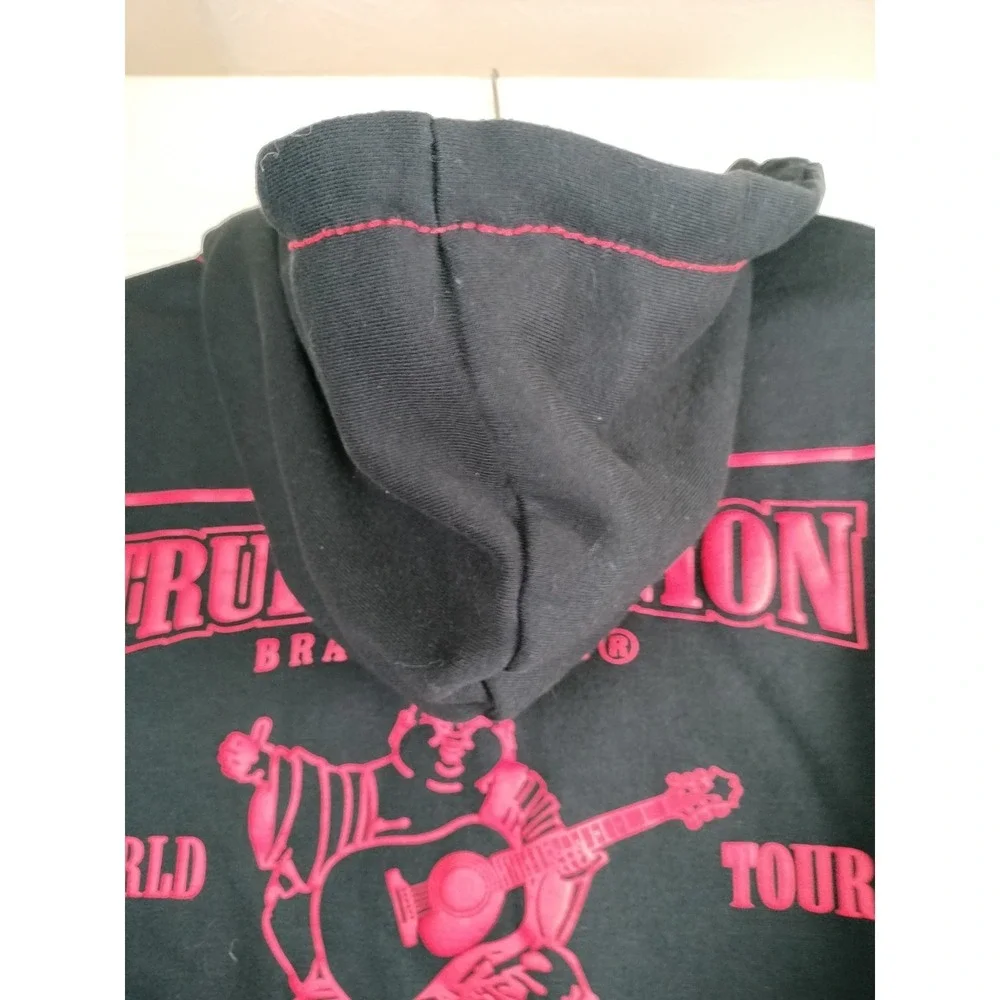 True Religion Mens XL Black Red Contrast Stitch Full Zip Hoodie Buddha Worldtour